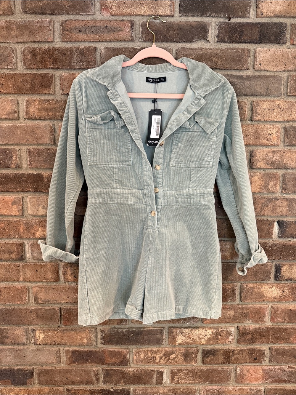 Nasty Gal Light Sage Green Corduroy Utility Romper Jacket